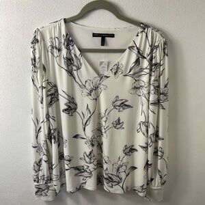 White & Black Floral V-Neck Long Sleeve Top